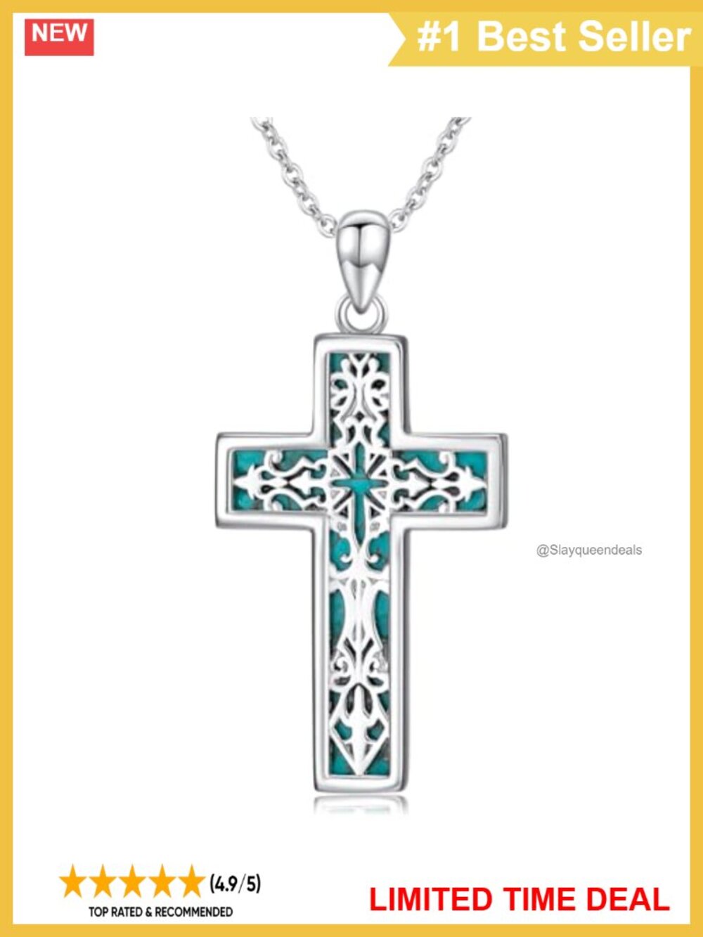 925 Sterling Silver Turquoise Cross Necklace with Floral Pendant
